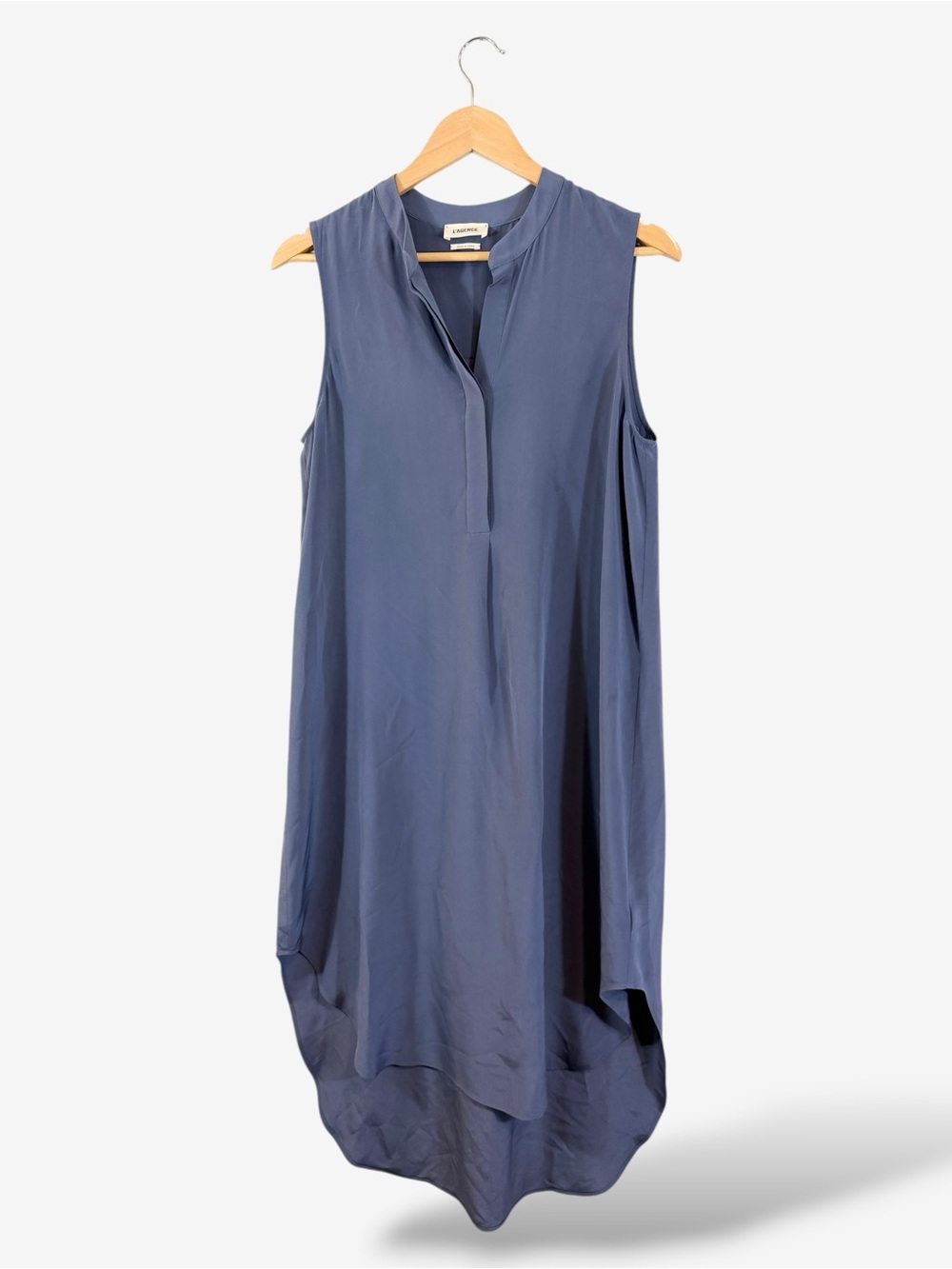 L’Agence Blue Silk Tent Dress Size S Hi Low Hem Sleeveless Minimalist Quiet Luxe